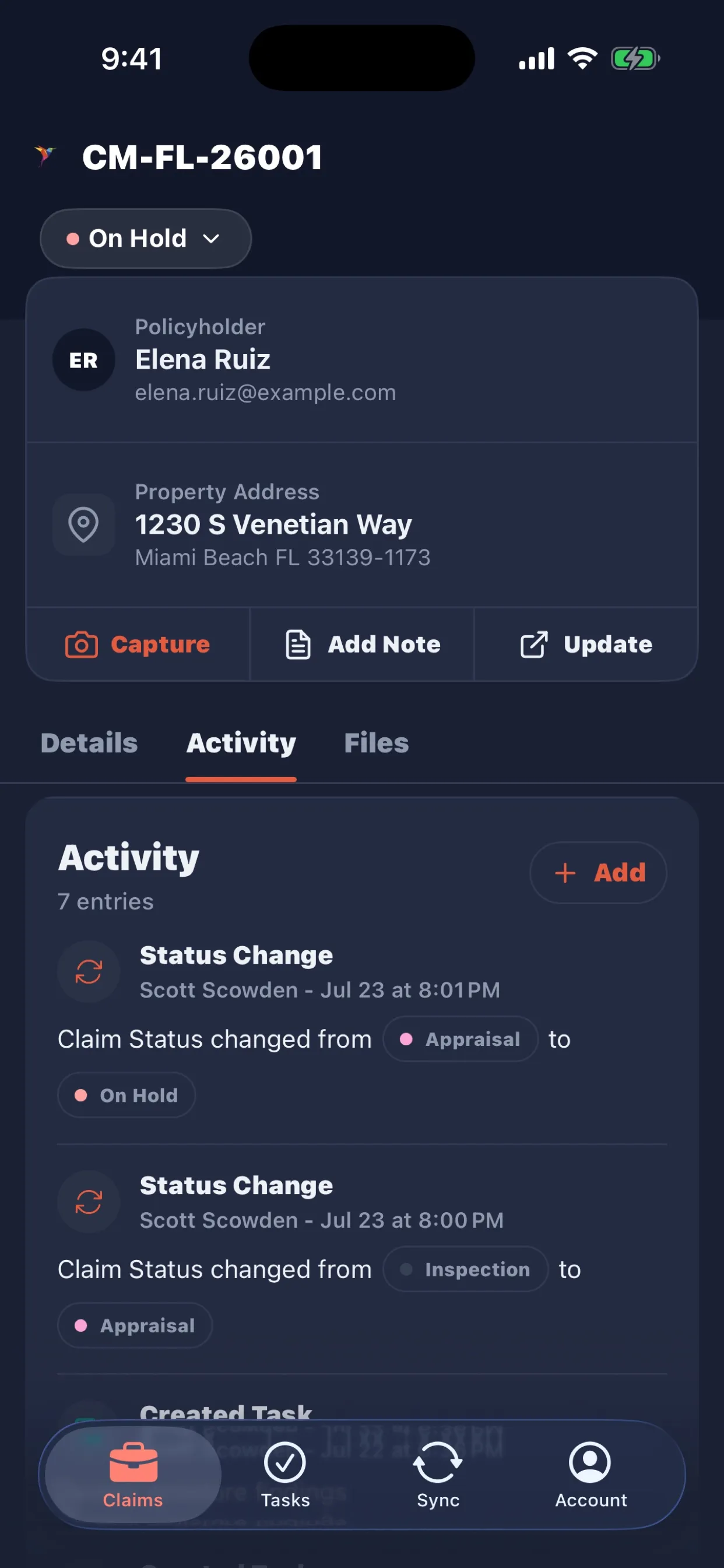 Public adjuster claim activity screen in Claim Mosaic Mobile