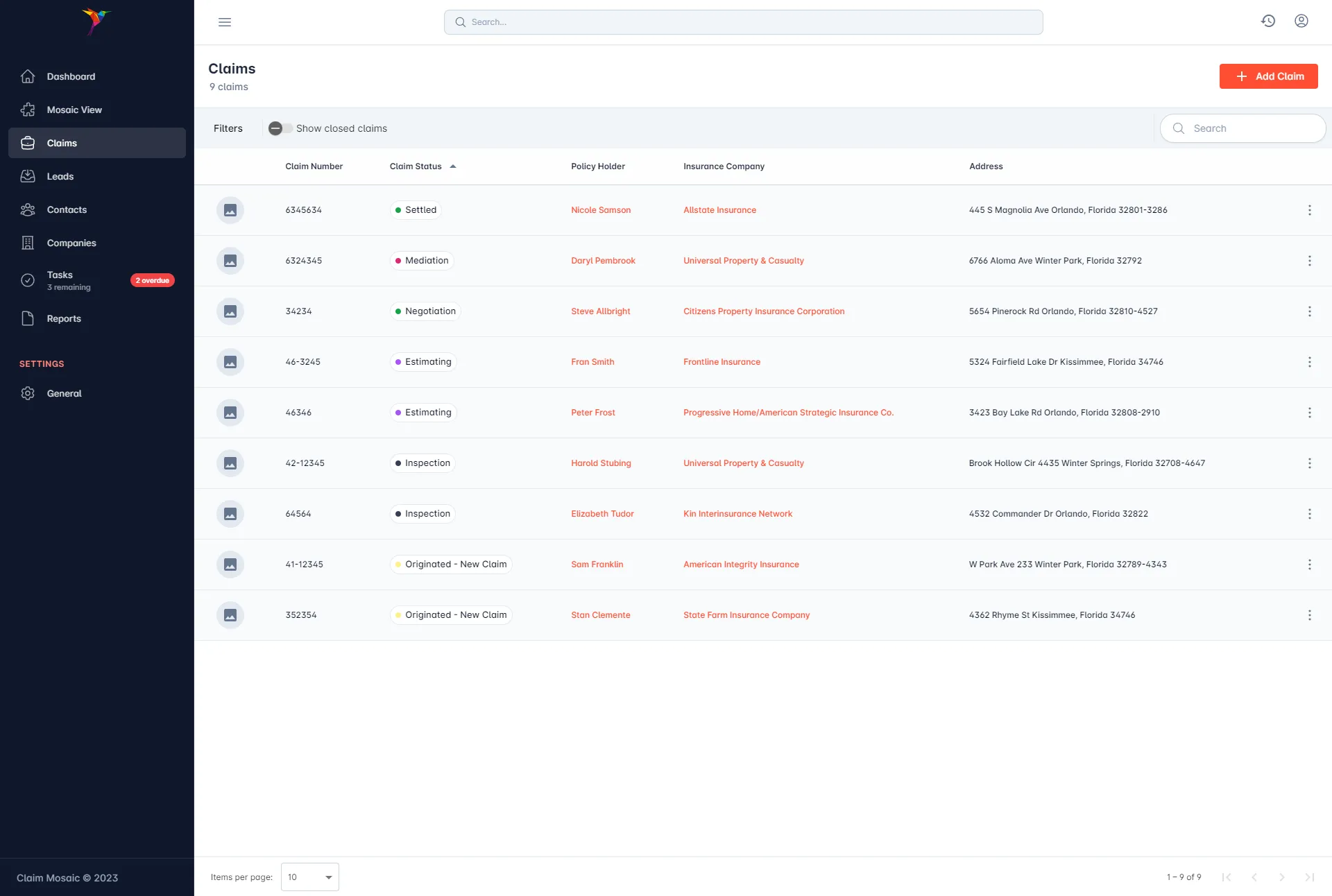 Claim Mosaic Simple tier dashboard for public adjusters