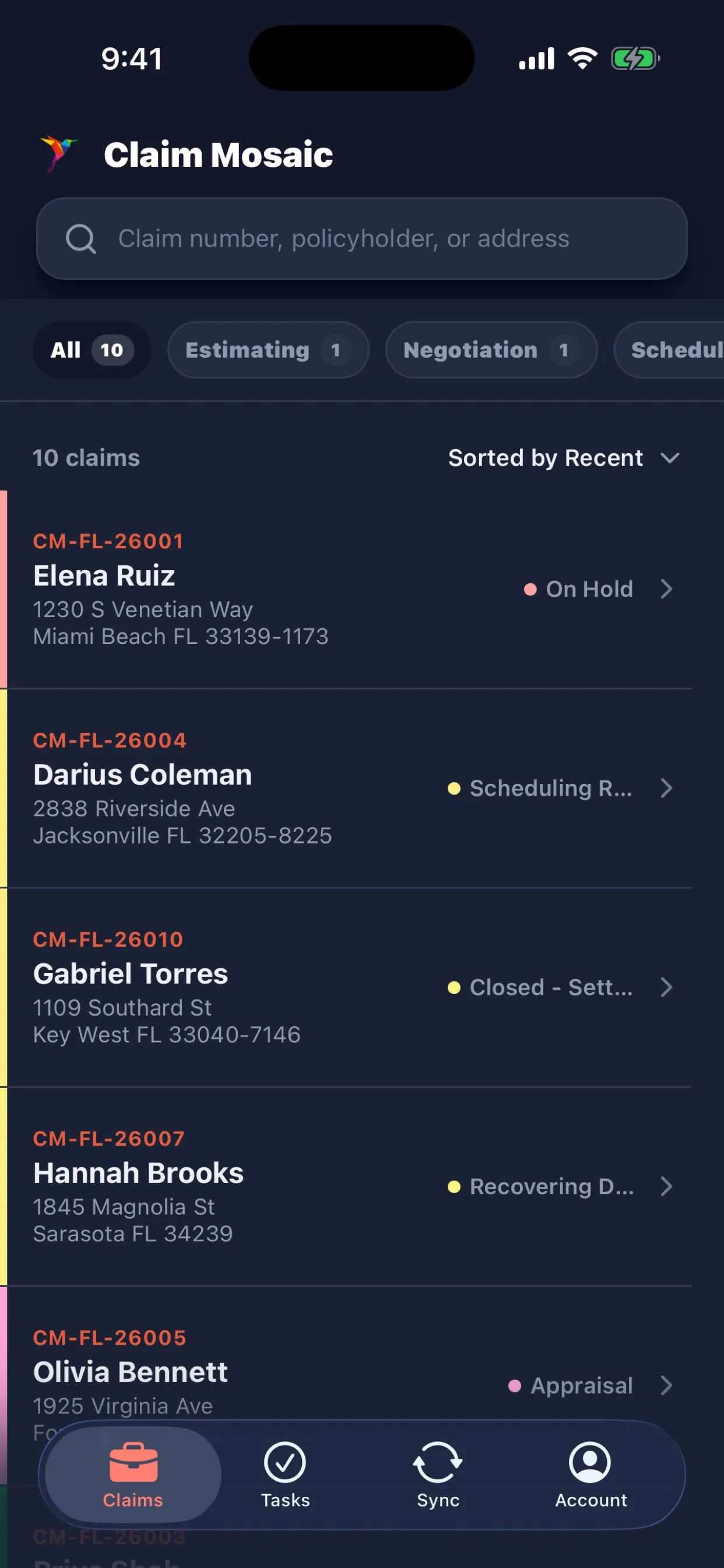 Assigned property claims search in the Claim Mosaic public adjuster mobile app