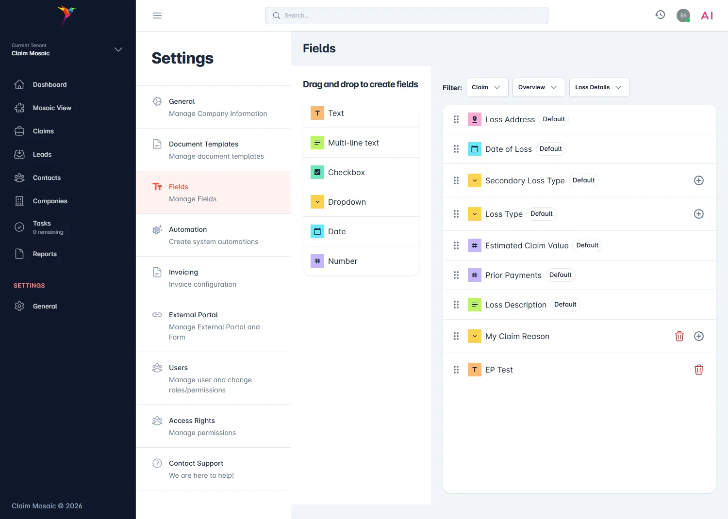 Claim Mosaic custom fields interface showing drag and drop field customization for public adjusters