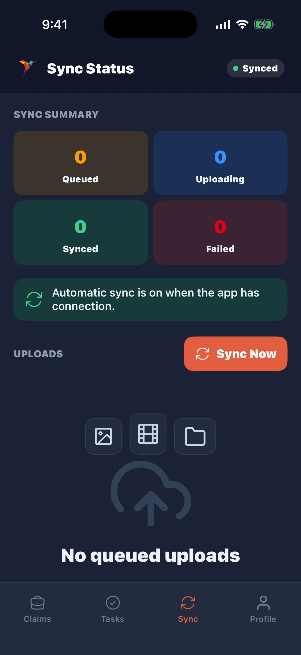 Offline claim photo upload queue and synced status in Claim Mosaic Mobile
