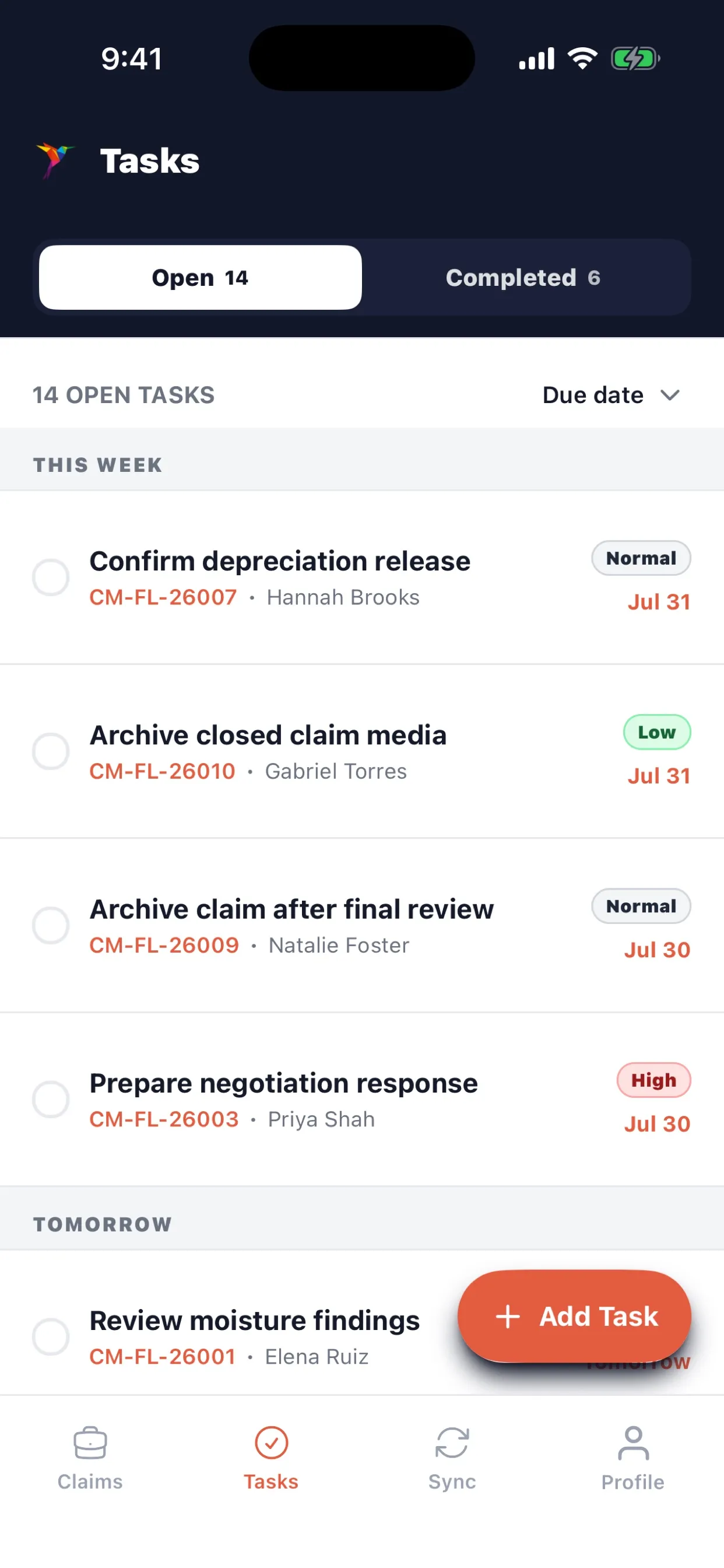Public adjuster claim task management on a mobile phone