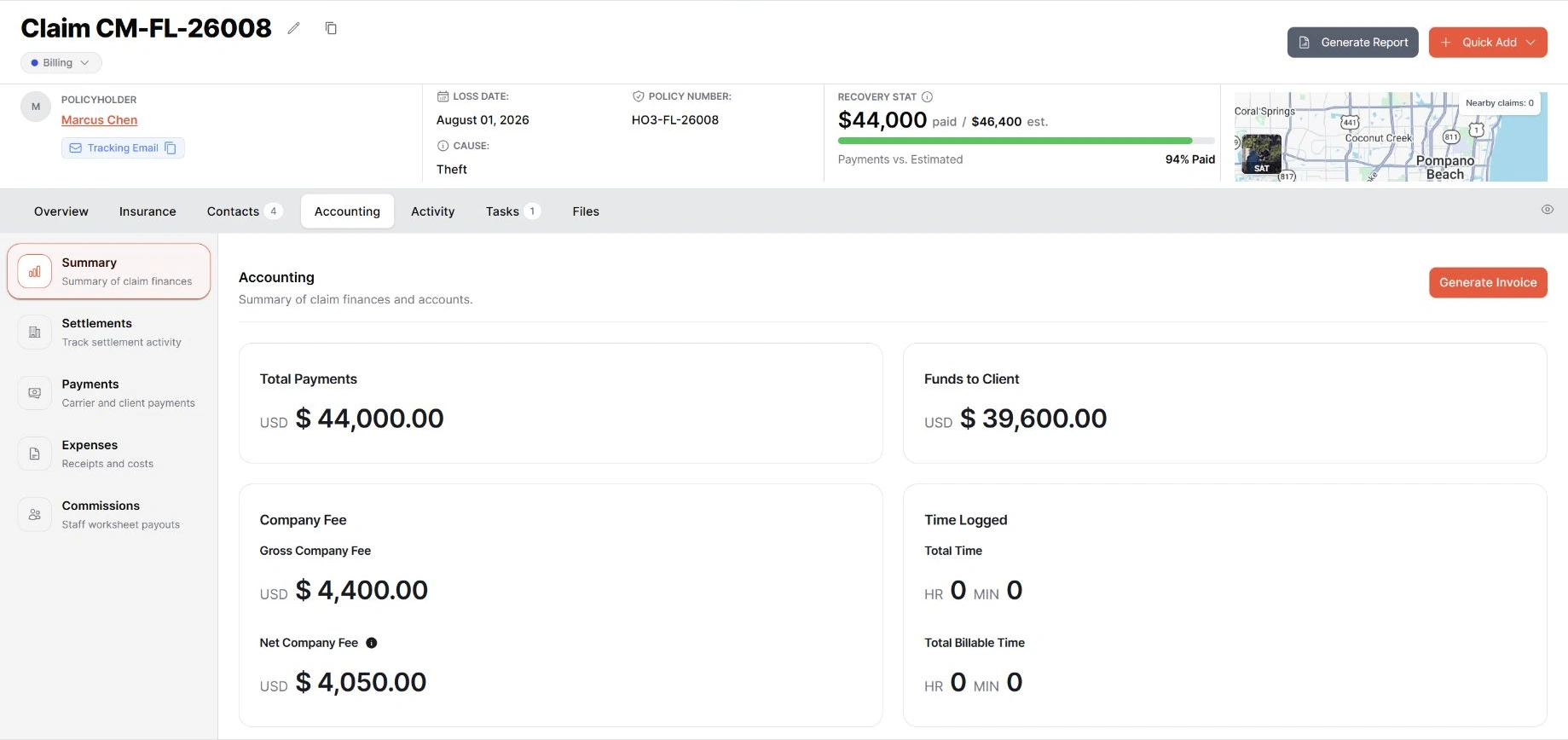 Demo claim accounting summary with $44,000 received, $39,600 to client, and $4,050 net company fee