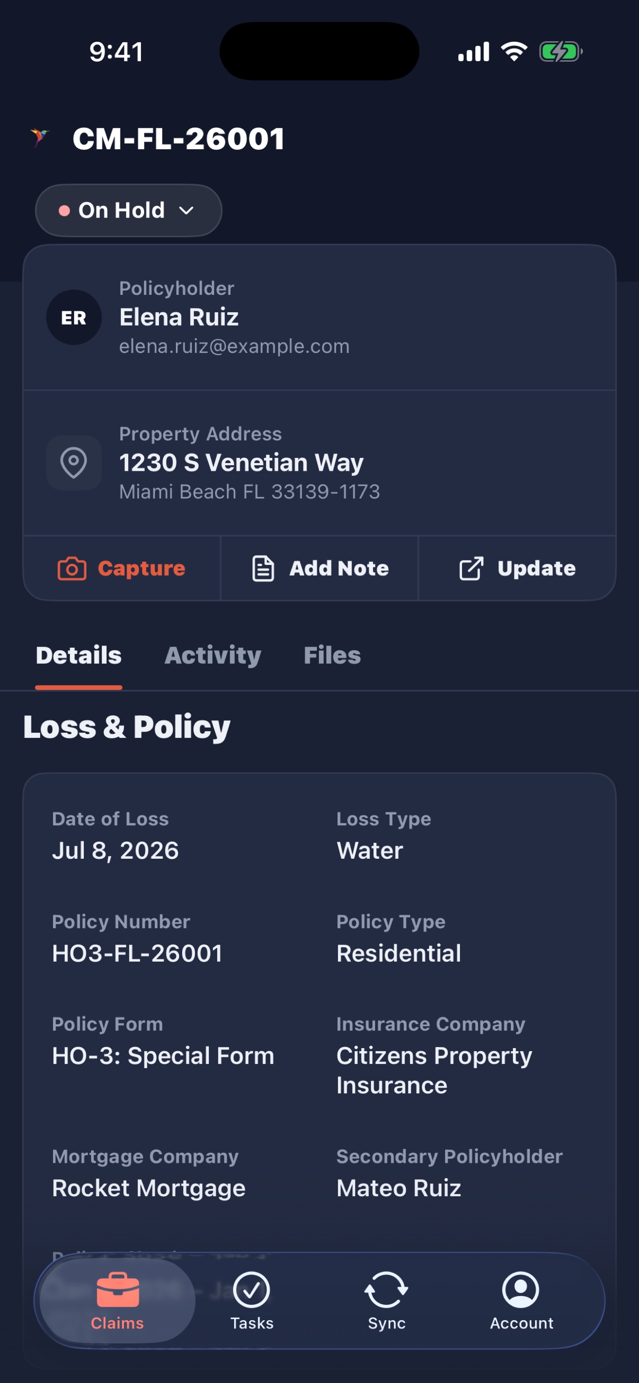 Claim Mosaic iPhone claim detail with capture, add note, and update actions
