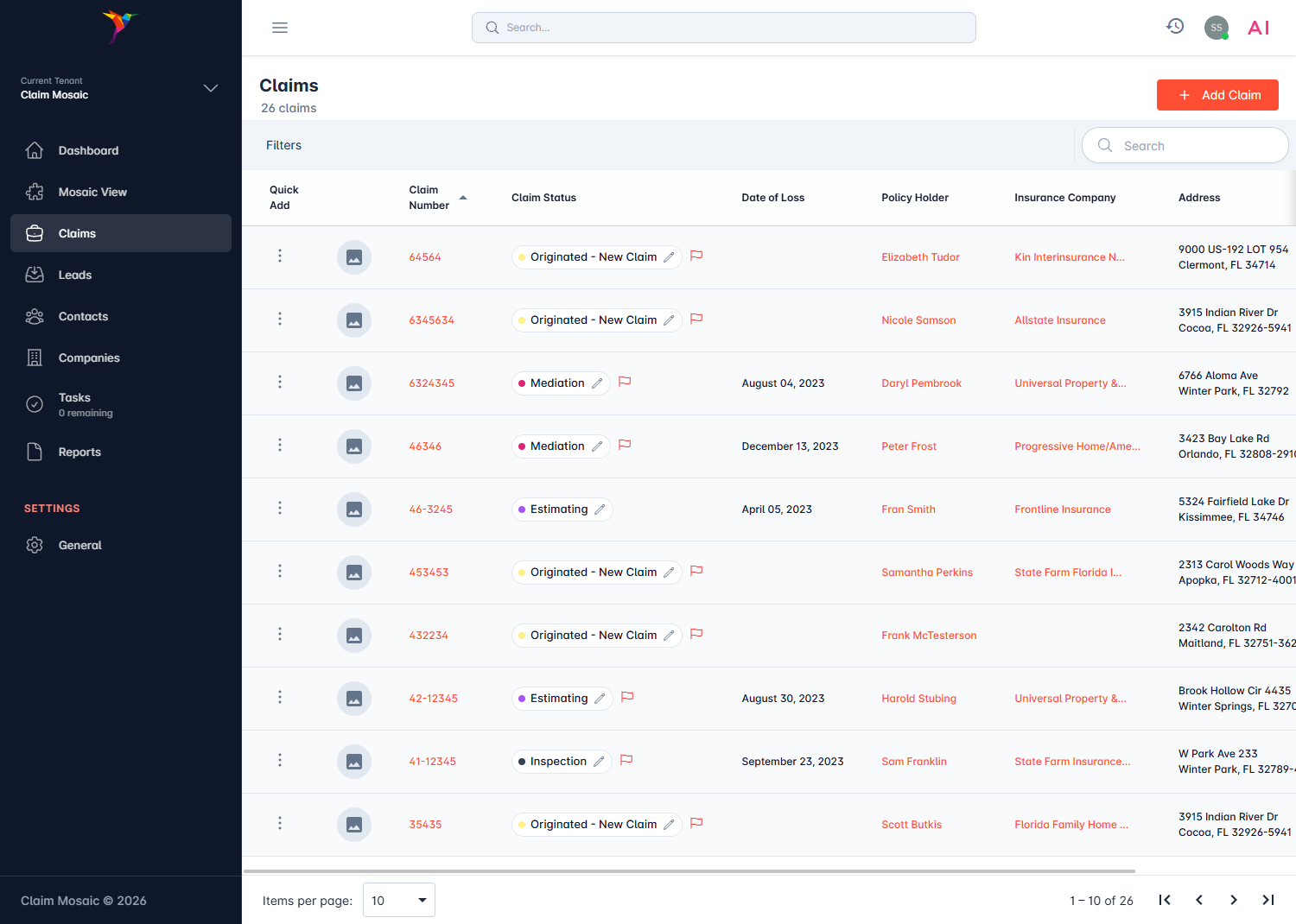 Claim Mosaic claims management dashboard showing claim list and details - Public Adjuster Software