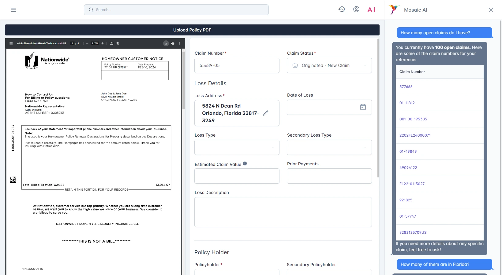 Mosaic AI assistant answering questions about open claims beside a claim being created from a policy PDF