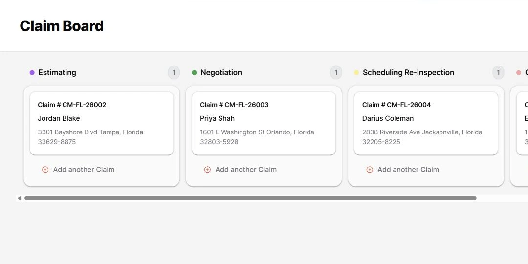 Demo claims organized by status on the Claim Board
