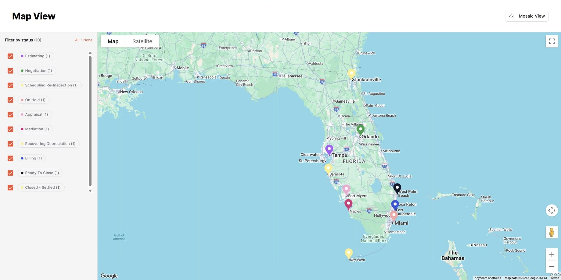 Demo claims across Florida with color-coded status pins and status filters