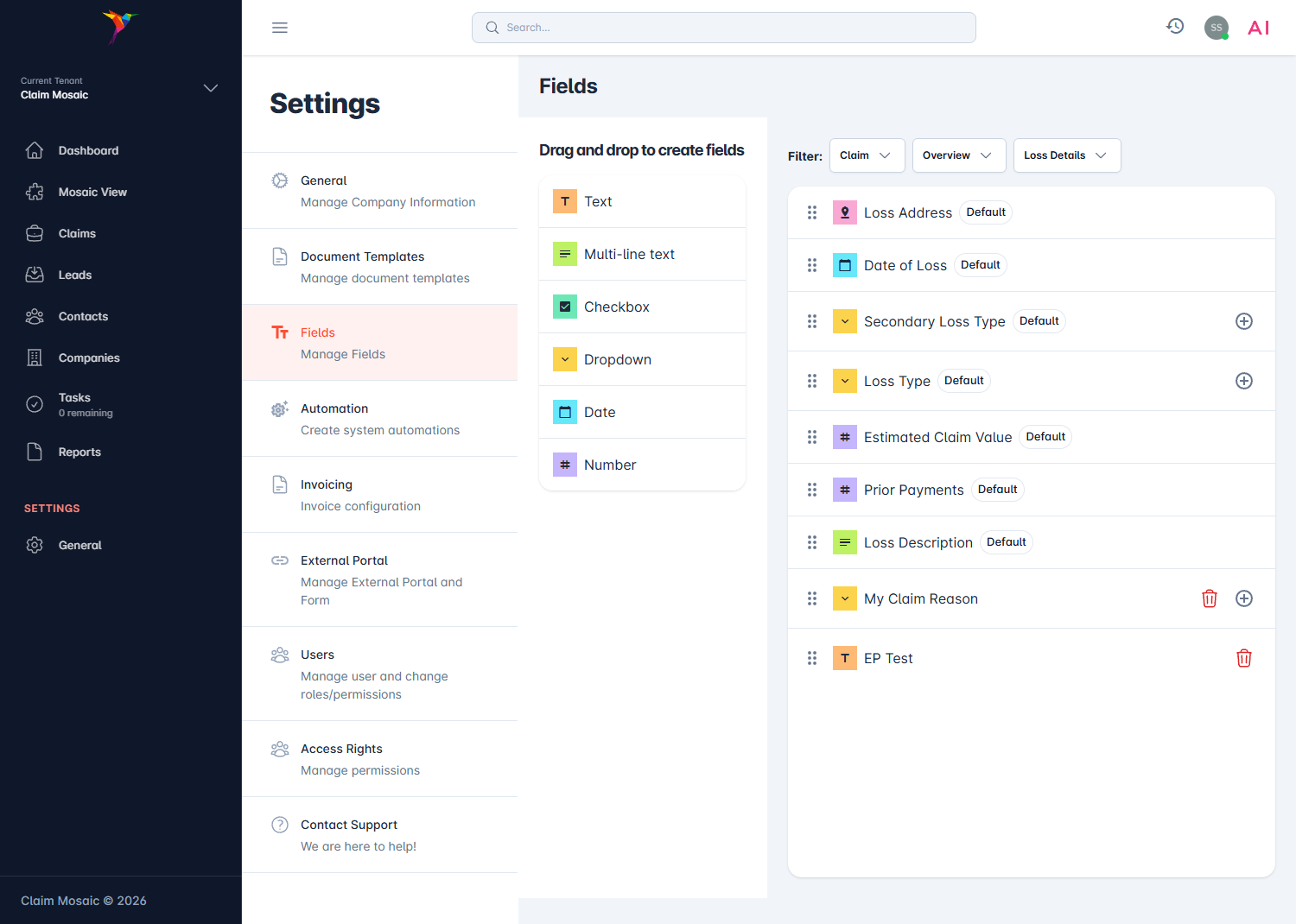 Claim Mosaic custom fields interface showing drag and drop field customization